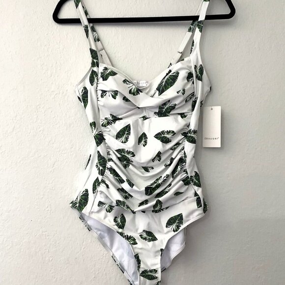 TROPICAL PALM LEAF MONOKINI RUCHED TUMMY ONE PIECE SWIMSUIT - Picture 7 of 12